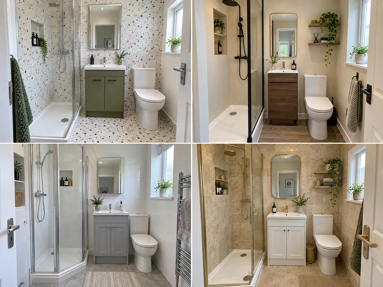 Compact shower room with sandstone effect walls, white vanity, brass fittings